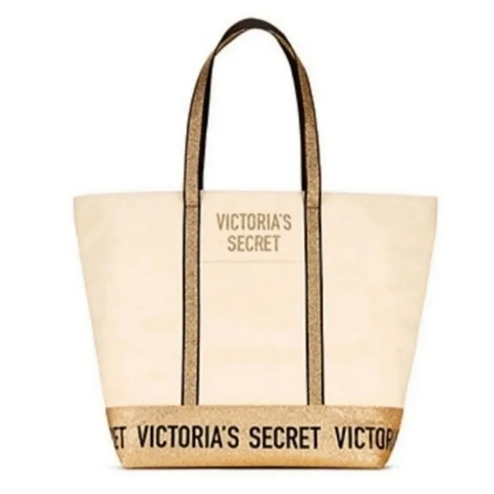 Victoria’s Secret Canvas & Gold Glitter Trim Tote Bag Zipper Top - Picture 1 of 14